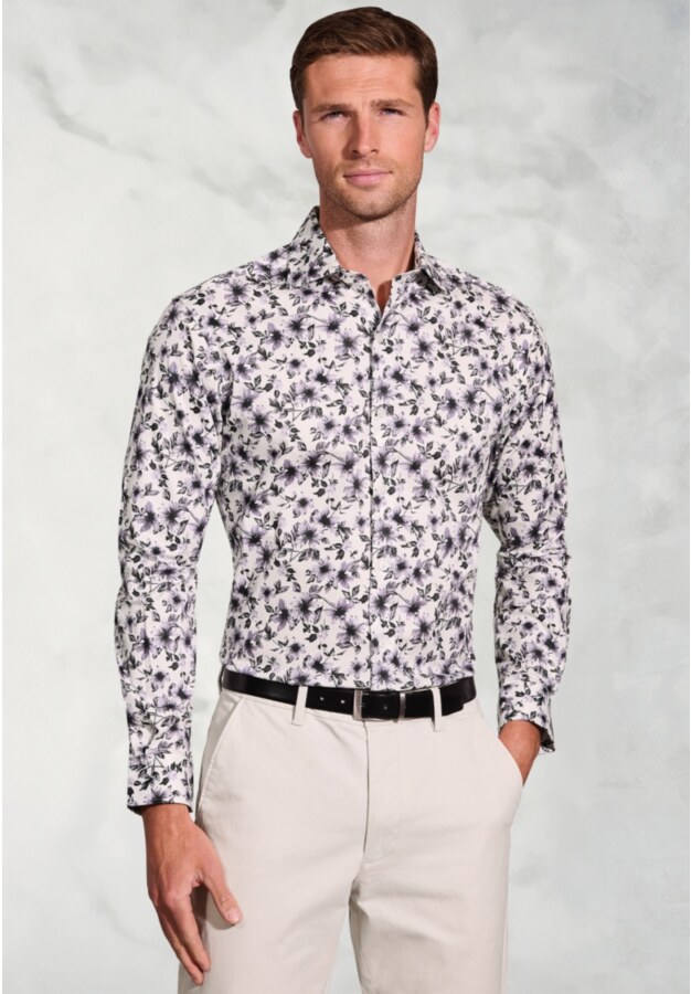 Tailored Fit White Floral Stretch Cotton Shirt