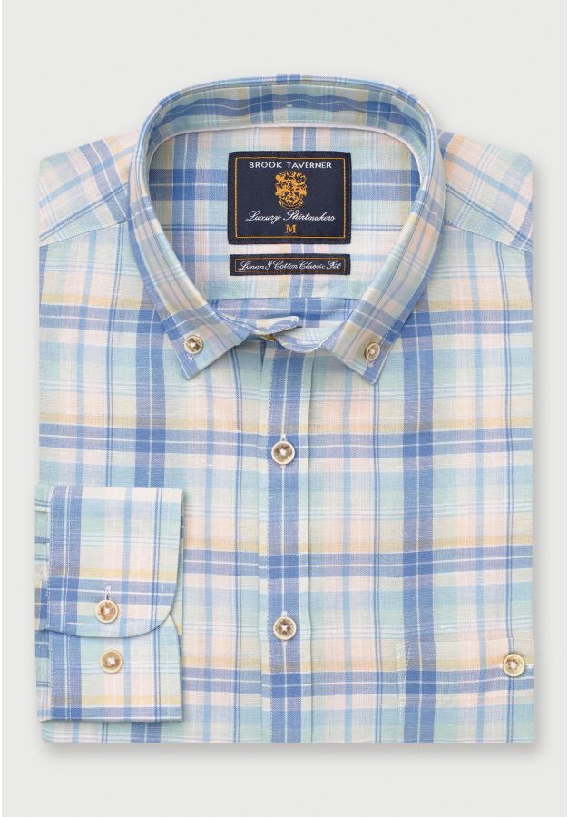 Regular Fit Mint Blue and Yellow Check Linen Cotton Shirt