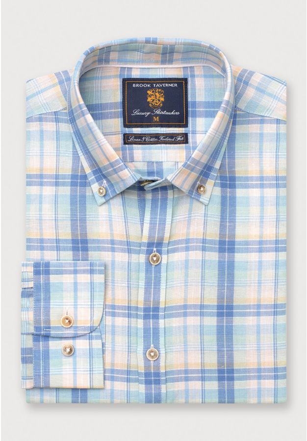 Tailored Fit Mint Blue and Yellow Check Linen Cotton Shirt