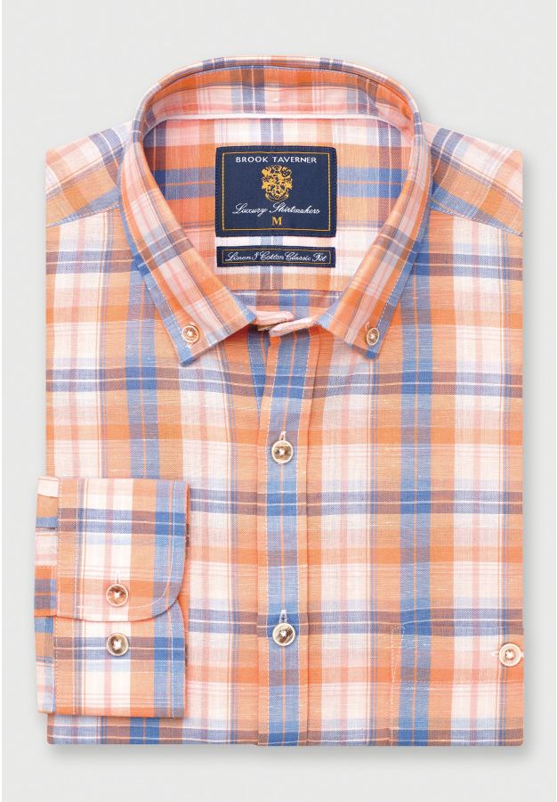 Regular Fit Apricot Check Linen Cotton Shirt