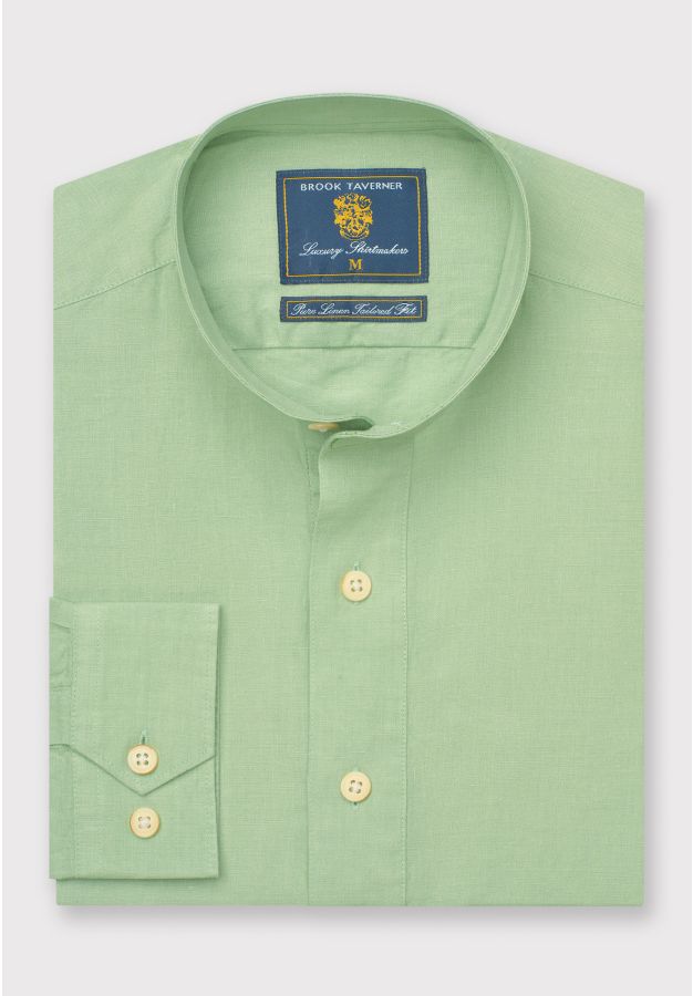 Tailored Fit Mint Linen Grandad Collar Popover Shirt