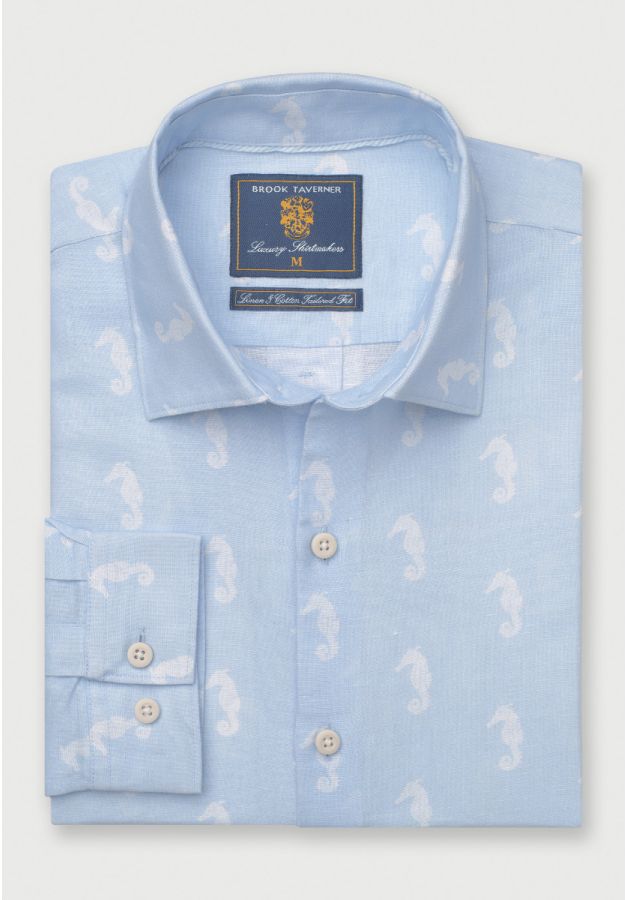 Tailored Fit Blue with Seahorses Print Linen Cotton Shirt