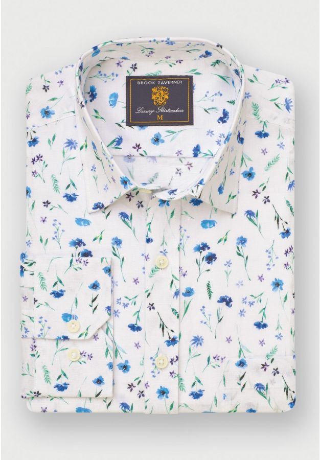 Regular Fit Blue Wildflower Watercolour Linen Cotton Shirt
