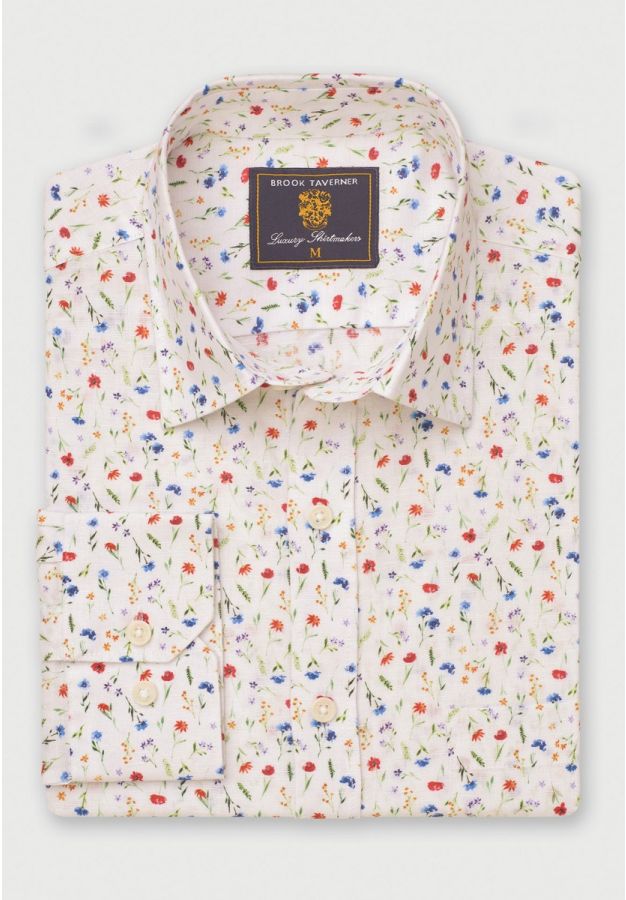 Regular Fit Multicoloured Ditsy Floral Watercolour Linen Cotton Shirt