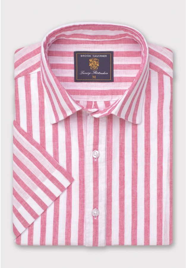 Regular Fit Magenta Stripe Pure Linen Short Sleeve Shirt