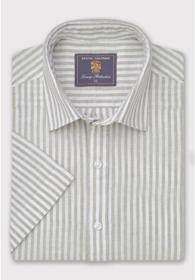 Regular Fit Khaki Stripe Pure Linen Short Sleeve Shirt