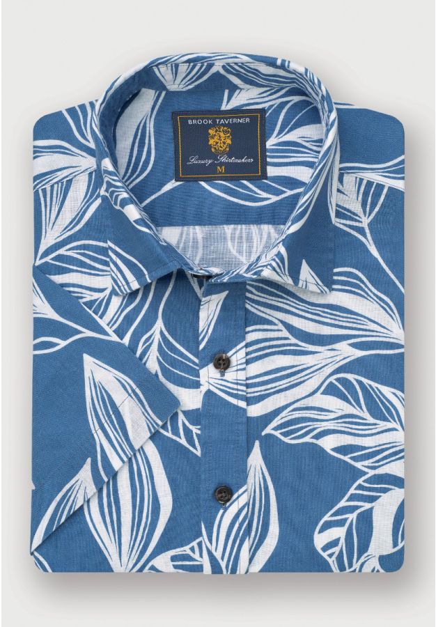 Regular Fit Blue Leaf Print Linen Cotton Short Sleeve Shirt